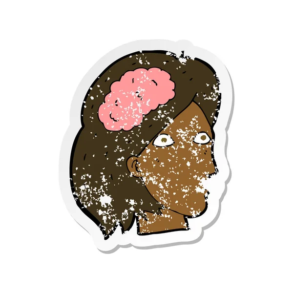 Pegatina retro angustiado de una cabeza femenina de dibujos animados con sym cerebro — Archivo Imágenes Vectoriales