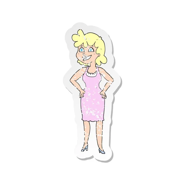 Retro nödställda klistermärke av en tecknad lycklig kvinna bär klänning — Stock vektor