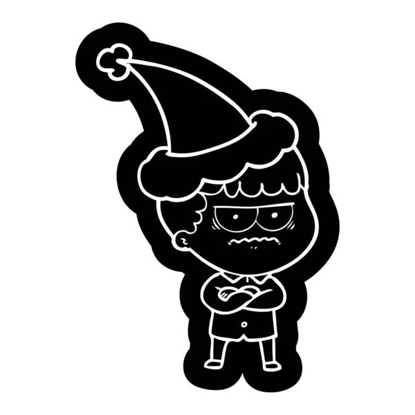 Schrullige Cartoon Ikone Eines Genervten Mannes Mit Weihnachtsmütze — Stockvektor