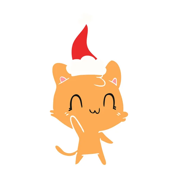 Flat color illustration of a happy cat wearing santa hat — Stock Vector