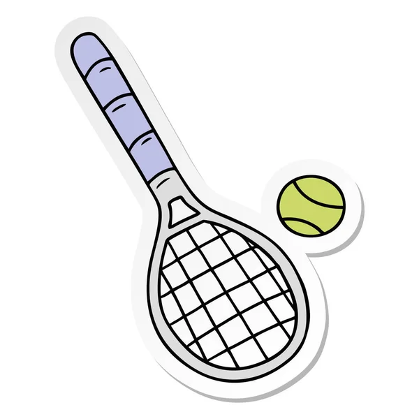 Etiqueta desenho animado doodle raquete de tênis e bola —  Vetores de Stock