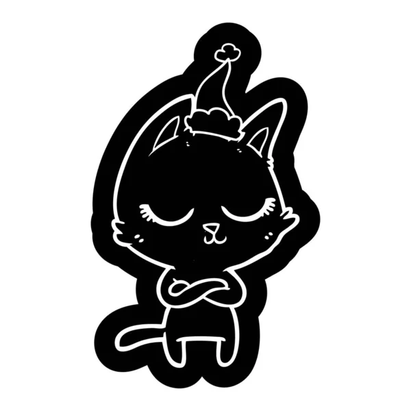 Calma Peculiar Icono Dibujos Animados Gato Con Sombrero Santa — Vector de stock