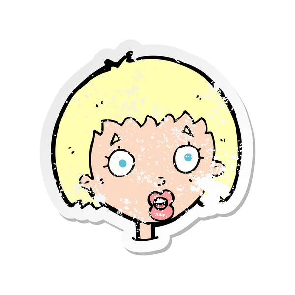 Retro distressed sticker of a cartoon surprised female face — Stock Vector