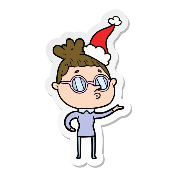 Hand Drawn Sticker Cartoon Woman Wearing Glasses Wearing Santa Hat — Stock Vector