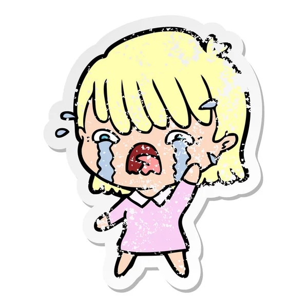 Distressed Sticker Cartoon Girl Crying — Stock Vector