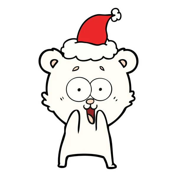 Excited Teddy Bear Hand Drawn Line Drawing Wearing Santa Hat — Stock Vector