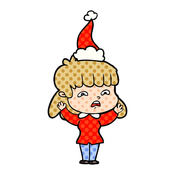 Hand Drawn Comic Book Style Illustration Worried Woman Wearing Santa — Stock Vector