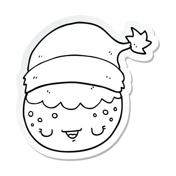 Bir karikatür Noel pudding Noel Baba şapkası giyen etiket — Stok Vektör