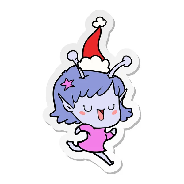 Feliz chica alienígena pegatina de dibujos animados de un sombrero de Santa Claus — Vector de stock