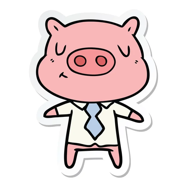 Autocollant d'un cochon contenu dessin animé en chemise et cravate — Image vectorielle