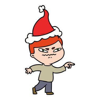 çizgi çizme giyen Noel Baba şapkası işaret eden öfkeli bir adam