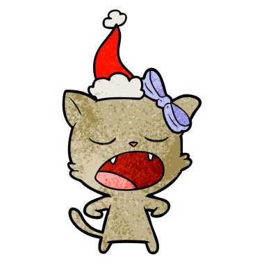 Noel Baba şapkası giyen bir esneme kedi dokulu çizgi film