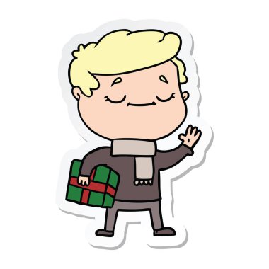 Noel hediyesi sallayarak taşıyan bir çizgi film adamın etiket