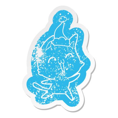 mutlu ilginç çizgi film Noel Baba şapkası giyen bir kedi etiket sıkıntılı