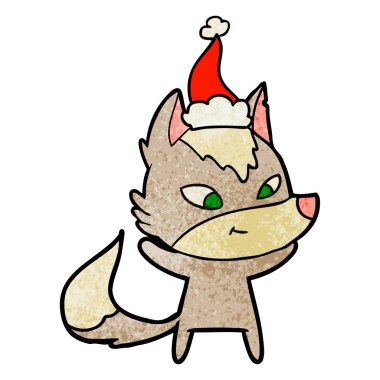 Noel Baba şapkası giyen bir kurt dokulu çizgi film dostu el çekilmiş