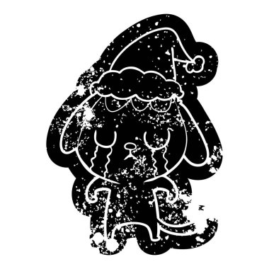 sevimli çizgi sıkıntılı simgesi giyen Noel Baba şapkası ağlayan köpek