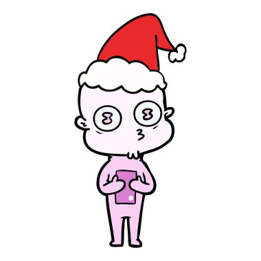 el çizim için Noel Baba şapkası giyen bir garip kel uzay adamı, çekilmiş