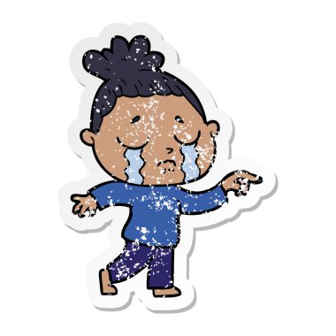 işaret eden bir çizgi film ağlayan kadının sıkıntılı etiket