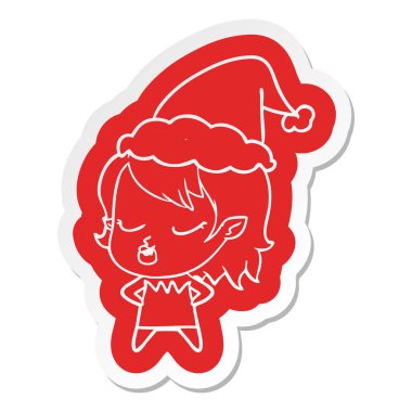Noel Baba şapkası giyen bir vampir kız sevimli çizgi etiket