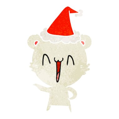 Kutup ayısı retro karikatür giyen Noel Baba şapkası, gülüyor