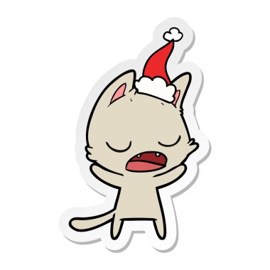 etiket karikatür giyen Noel Baba şapkası, konuşan kedi el çekilmiş