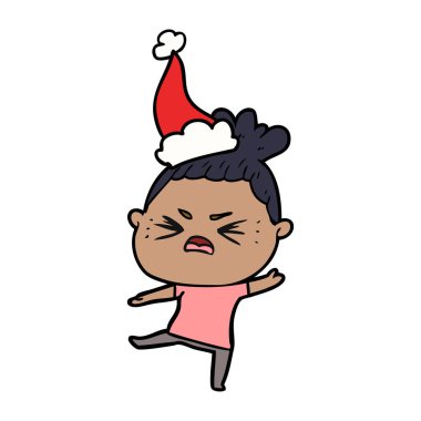 çizim için Noel Baba şapkası giyen kızgın bir kadının el çekilmiş