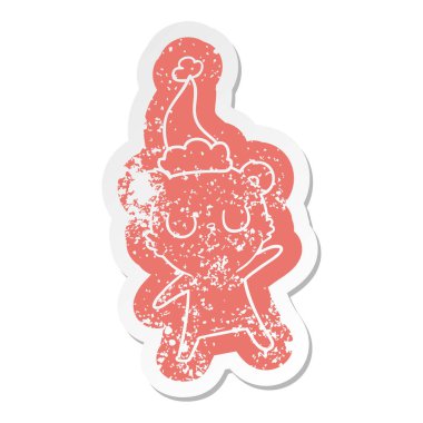 Noel Baba şapkası giyen bir ayının huzurlu karikatür sıkıntılı etiket