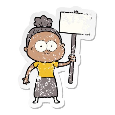 bir karikatür mutlu yaşlı kadının sıkıntılı etiket