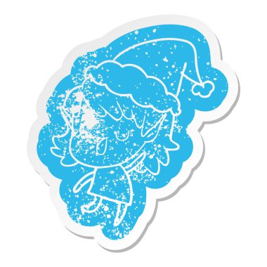 Noel Baba şapkası giyen bir elf kızın ilginç karikatür sıkıntılı etiket