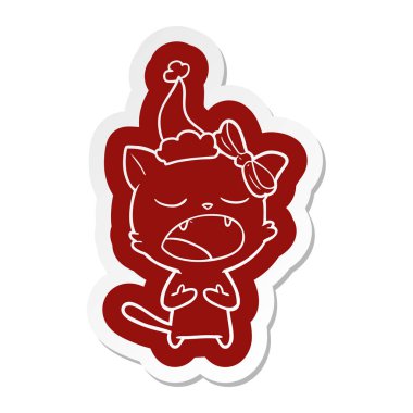 bir kedi Noel Baba şapkası giyen meowing, çizgi film etiketi