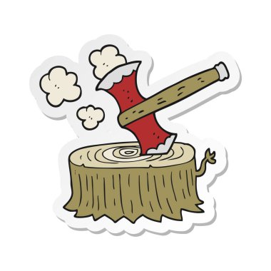 etiket bir karikatür ağaç kütüğü ve balta