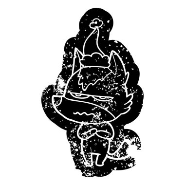 Noel Baba şapkası giyen rahatsız kurt ilginç karikatür sıkıntılı simgesi