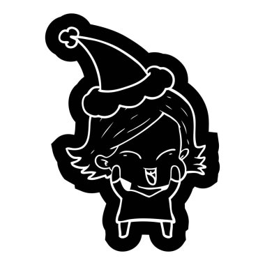 Noel Baba şapkası giyen bir kız mutlu çizgi film simgesi