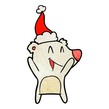 Kutup ayısı el giyen Noel Baba şapkası çizilmiş dokulu karikatür gülüyor