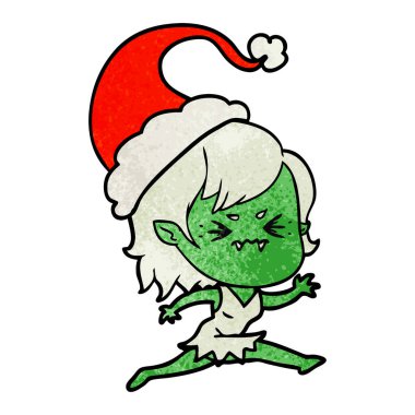 Noel Baba şapkası giyen bir vampir kız rahatsız dokulu karikatür