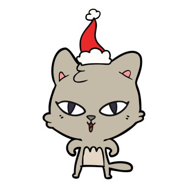 çizim için Noel Baba şapkası giyen bir kedi el çekilmiş