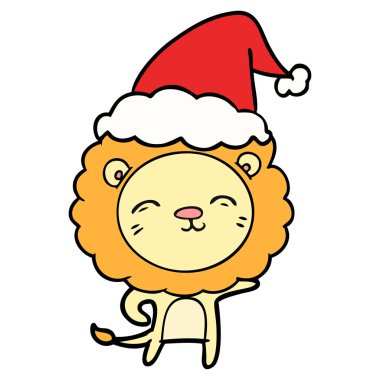 çizim için Noel Baba şapkası giyen aslan el çekilmiş