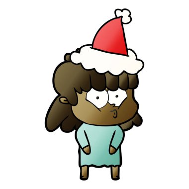 Noel Baba şapkası giyen bir ıslık kızın degrade çizgi film el çekilmiş