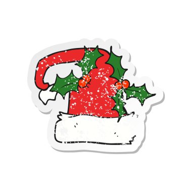 Retro sıkıntılı etiket bir karikatür Noel holly şapka