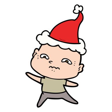 Noel Baba şapkası giyen bir gergin adam çizgi çizme
