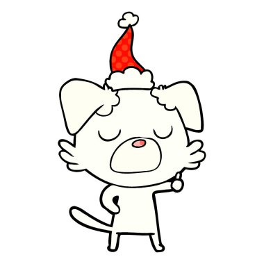 çizgi roman tarzı illüstrasyon Noel Baba şapkası giyen bir köpek el çekilmiş