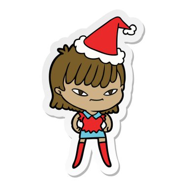 Noel Baba şapkası giyen bir kadın etiket karikatür