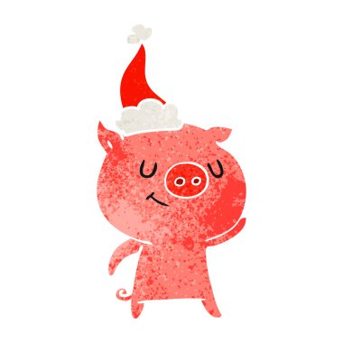 Noel Baba şapkası giyen bir domuz mutlu retro çizgi film