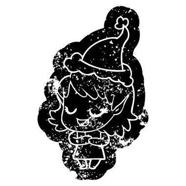 mutlu ilginç çizgi film simgesi Noel Baba şapkası giyen bir elf kızın sıkıntılı