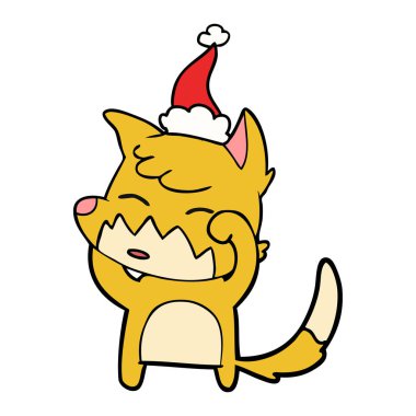 çizim için Noel Baba şapkası giyen bir tilkinin el çekilmiş