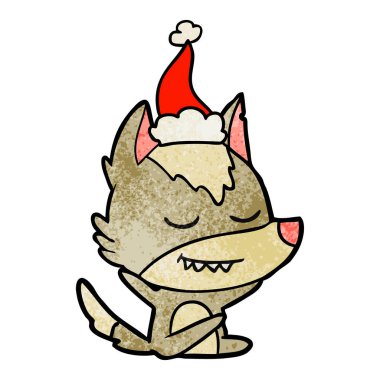 dost el giyen Noel Baba şapkası oturan bir kurt dokulu çizgi film çekilmiş