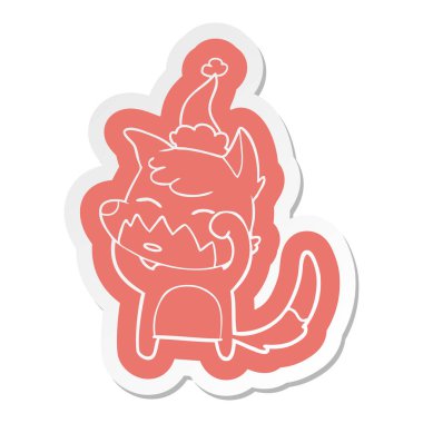 Noel Baba şapkası giyen tilki çizgi film etiketi