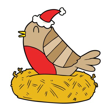 Çizim oturan bir kuş yuva giyen Noel Baba şapkası