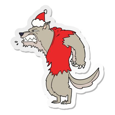 etiket karikatür giyen Noel Baba şapkası, öfkeli kurtadam el çekilmiş