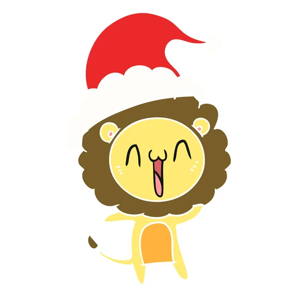 サンタの帽子を身に着けているライオンのハッピー フラット カラー イラスト — ストックベクタ